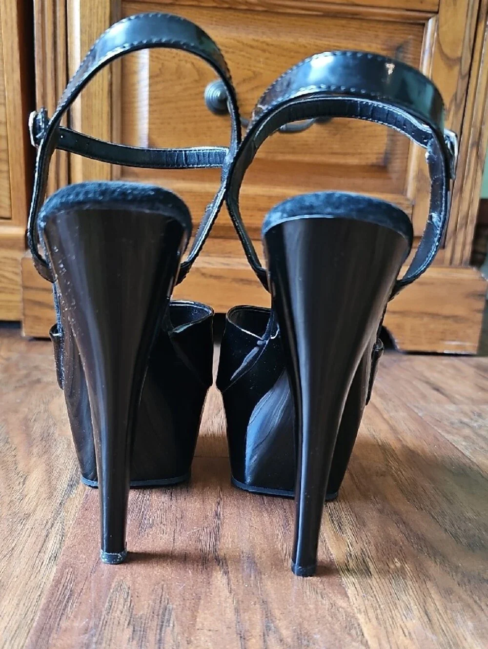 Pleaser Black Patent Platform Heel Sandals with Ankle Strap